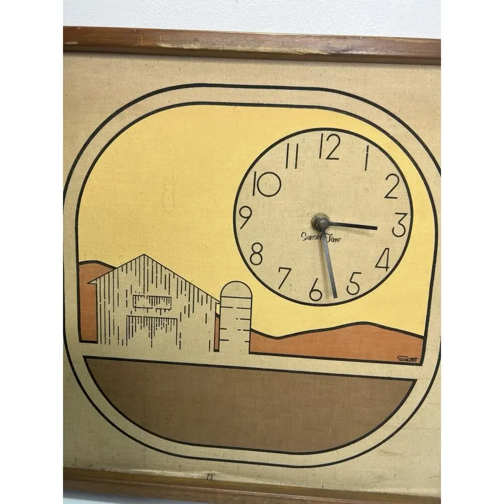 Vintage Mid-Century Modern “Sunset Time” Wall Clock Farm Scene Wood Frame